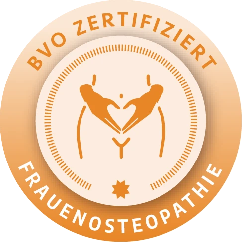 Orangefarbenes Siegel BVO zertifiziert Frauenosteopathie mit stilisierten Händen